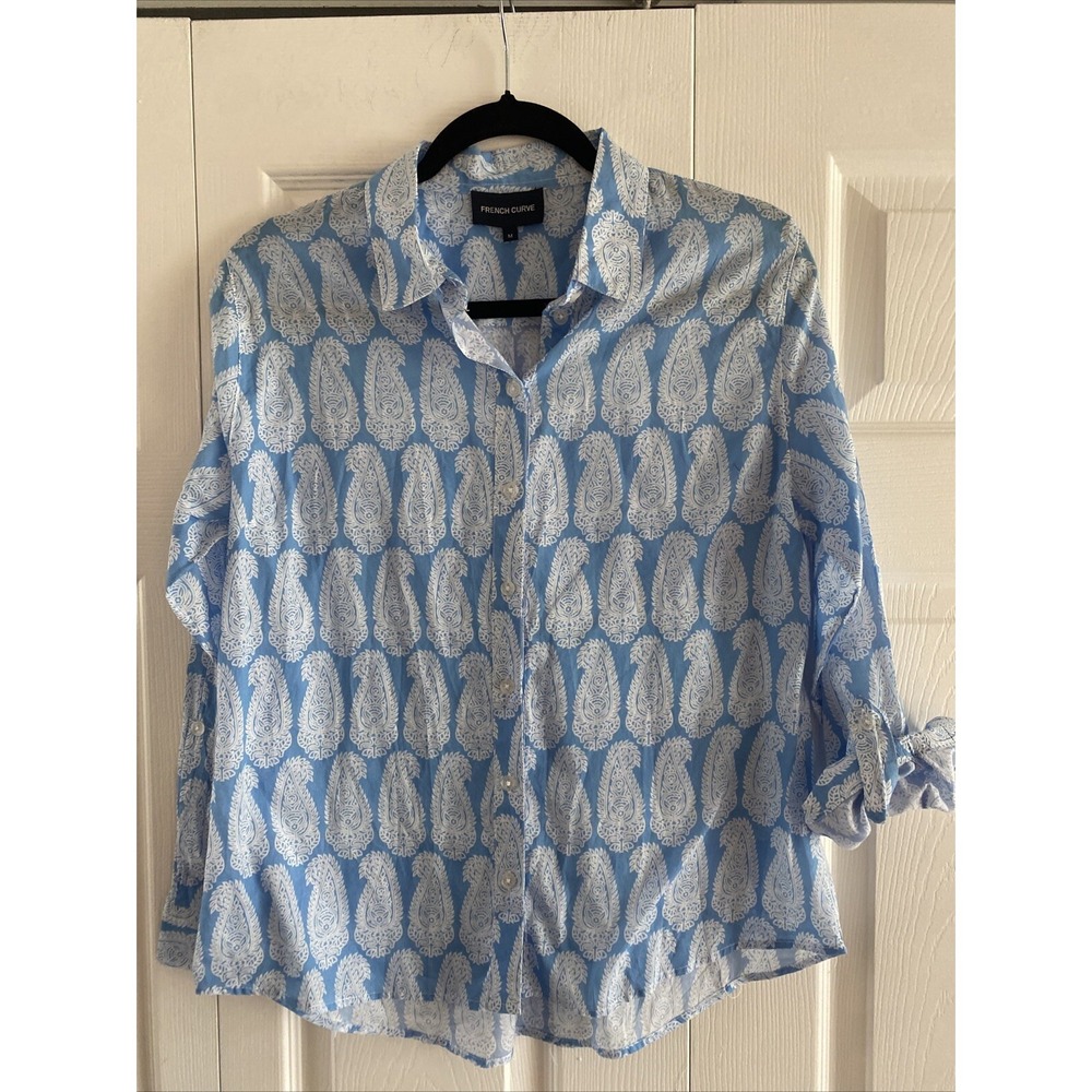 French Curve Paisley Button Down Shirt Womens Size M Blue White Roll Tab Cotton